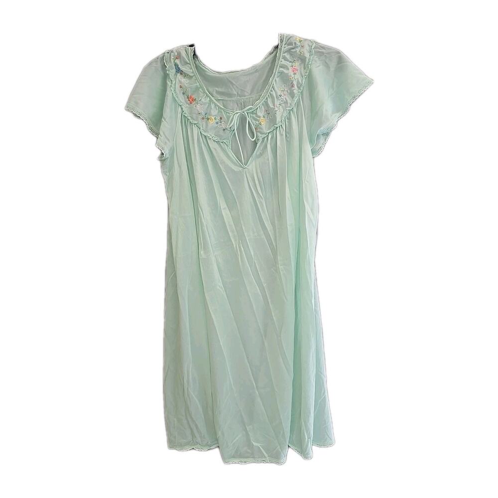 Vintage Sears Green Embroidered Floral Sleepwear Nightgown Womans Size Medium